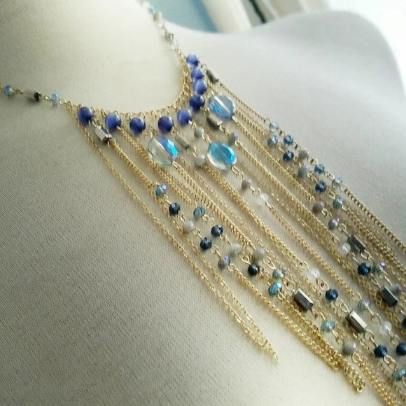 Fringe Waterfall Necklace Blue Beads w/ Gold Tone Metal Sexy - Picture 3 of 6